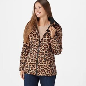 G.I.L.I. Zip Front Fleece Lined Printed Puffer Jacket in Leopard Size XS NWOT